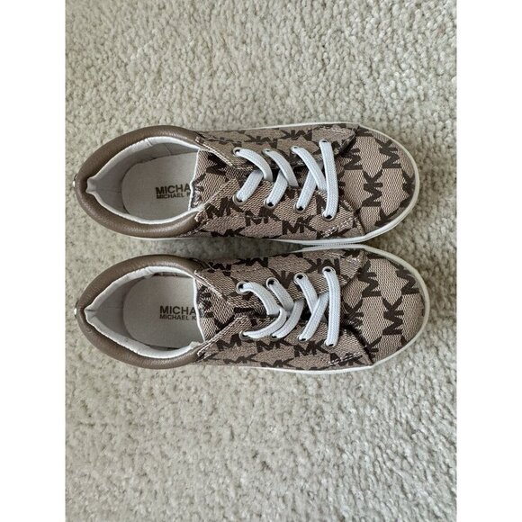 Michael Kors Girls 10c Brown Finola Sneakers Monogrammed Designer Slip on - Picture 2 of 8